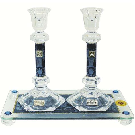 Lily Art Glass Appliquéd Blue Shabbat Candle Holders and Tray