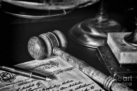 Vintage lawyer letter and gavel black and white Photograph by Paul Ward