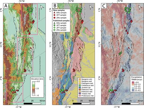 Topography, geology and climate of the Eastern Cordillera. Circles and ...