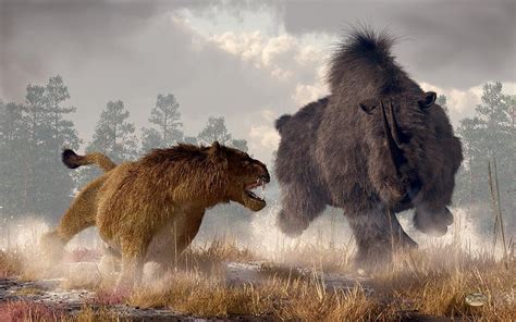 Woolly Rhino And Cave Lion Digital Art by Daniel Eskridge