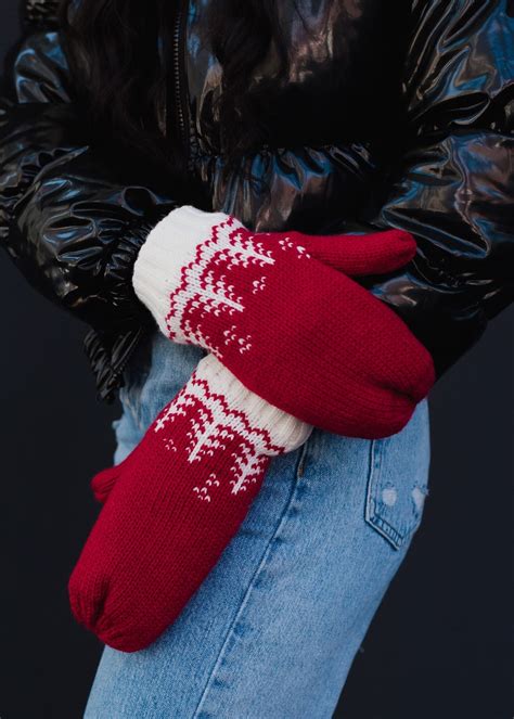 Red & White Tree Pattern Knit Mittens Fleece Lined Mittens Patterned Mittens Women's Knit ...