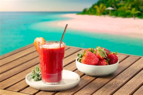 Vacation Scene with Strawberry Smoothie and Tropical Beach at ...