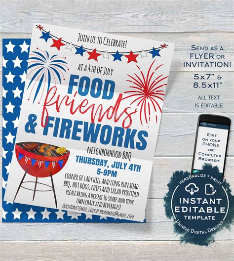 4th of July Invitation, Editable Fourth of July Celebration BBQ Firewo