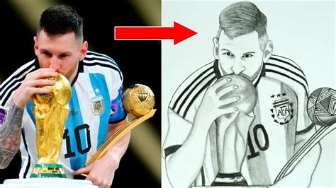 Lionel Messi kissing world cup trophy 2022, How To Draw Lionel Messi with world cup Step By Step