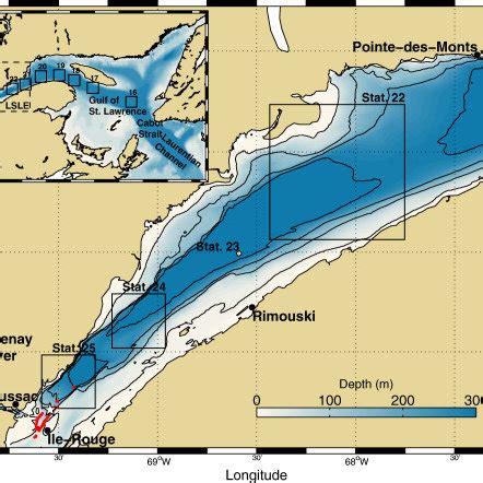 Map and bathymetry of the Gulf of St. Lawrence (inset) and the Lower... | Download Scientific ...