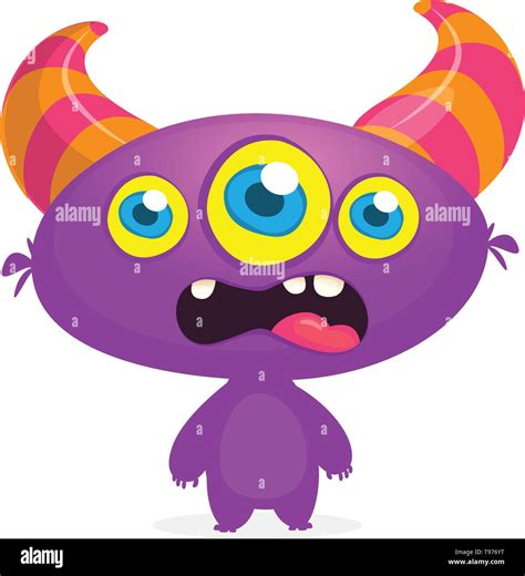 Cool cartoon alien with three eyes. Vector purple monster illustration. Halloween design Stock ...