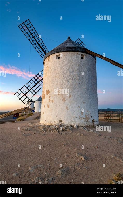 Old Spanish windmill at sunrise, Consuegra, Castilla-La Mancha, Spain ...