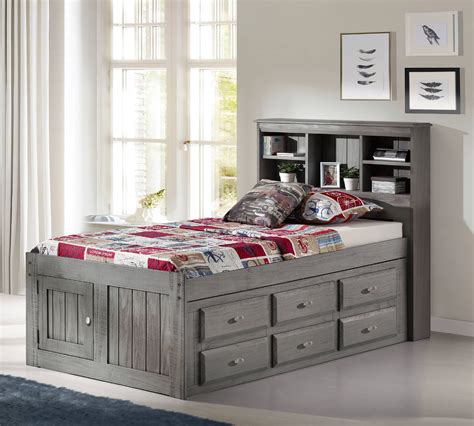 American Furniture Classics Solid Pine Twin Captains Bookcase Bed with 12 drawers in Charcoal ...