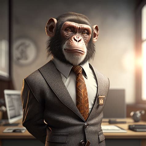 a monkey dressed in a suit and tie standing next to a desk with a computer on it