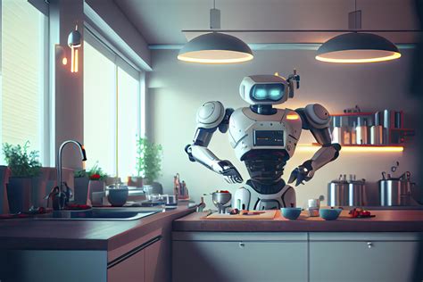 Robot chef cooking in kitchen of future home genius, smart robot working in modern house ...