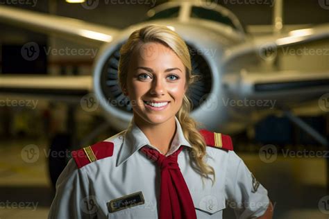 smiling female pilot standing in front of airplane with Generative AI ...