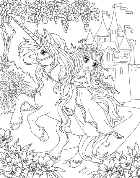 Princess Riding Unicorn With Castle Coloring Page - Free Printable Coloring Pages