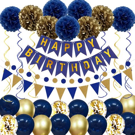 Buy Navy Blue Gold Birthday Decorations, Birthday Party Supplies for ...