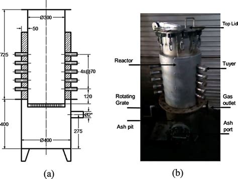 The downdraft gasifier (a) dimensional drawing (unit in mm) and (b ...