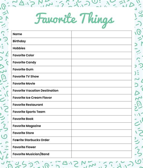 My Favorite Things Template - 10 Free PDF Printables | Printablee ...