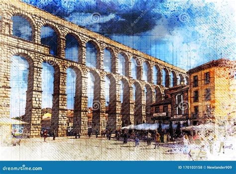 Roman Aqueducts - Symbol Of Segovia. Watercolor Sketch Style. Stock ...