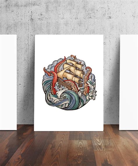 Abandon Ship Kraken Pirate Ship Tattoo Art Print - Etsy Australia