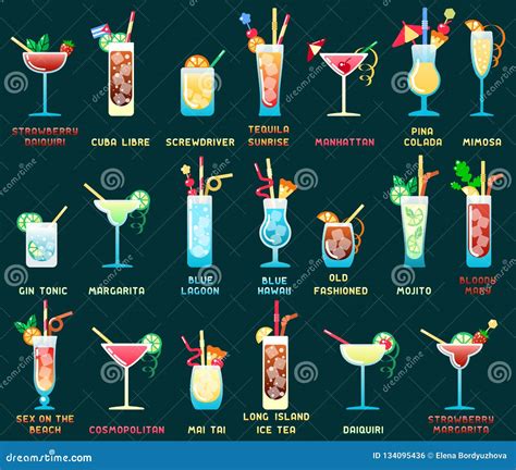 Set of Alcohol Cocktails Different Types with Names Stock Vector - Illustration of berries ...