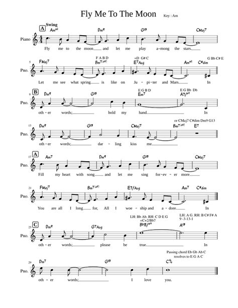 Fly Me To The Moon Lead Sheet with lyrics Sheet music for Piano (Solo) Easy | Musescore.com