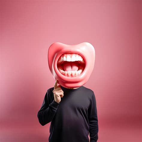 Premium Photo | A man holding a huge megaphone shaped like a human mouth on a light background