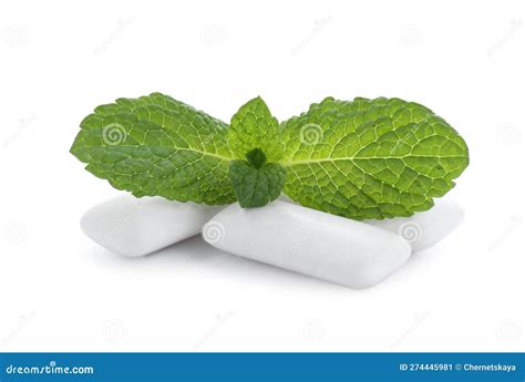 Three Chewing Gum Pieces and Mint on White Background Stock Image ...