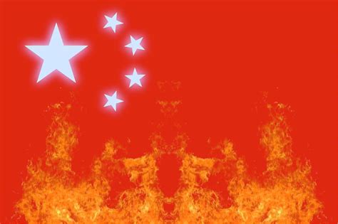 Flag of china but the yellow stars have been replaced by blue stars and now the flag is on fire ...