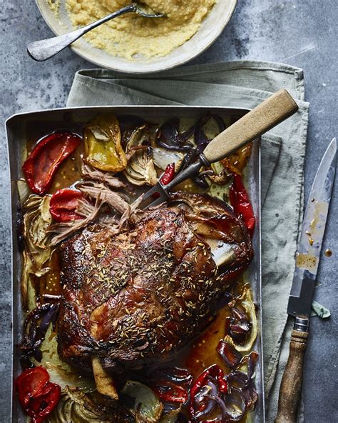 Slow-roast shoulder of lamb with chargrilled vegetables and cheesy polenta recipe | delicious ...