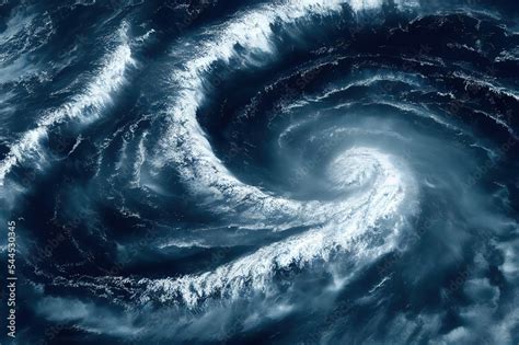 Satellite image of cyclone, storm and whirlpool. Three funnels of heavy clouds form the ...