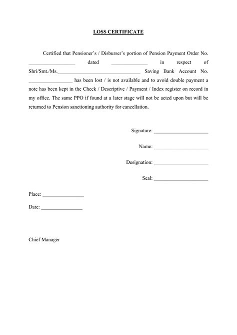 Format of Loss Certificate