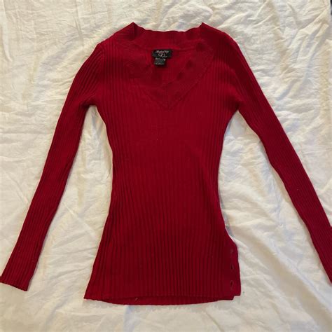 Red V-neck sweater long sleeve. Tag says Hooked Up.... - Depop