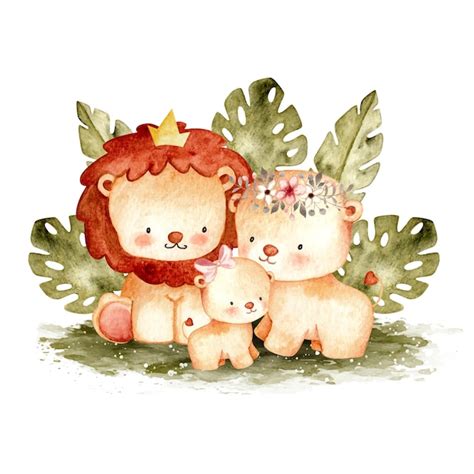 Premium Vector | Watercolor cute lion family