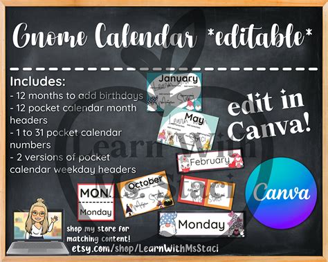 Gnome Calendar editable in Canva - Etsy