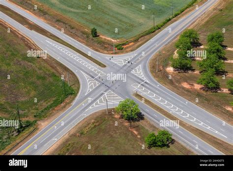 Aerial view of rural highway crossroads in the Southern United States ...