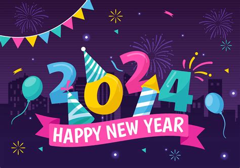 Happy New Year 2024 Celebration Vector Illustration with Trumpet, Fireworks, Ribbons and ...