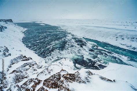 Gullfoss waterfall view and winter Lanscape picture in the winter season, Gullfoss is one of the ...