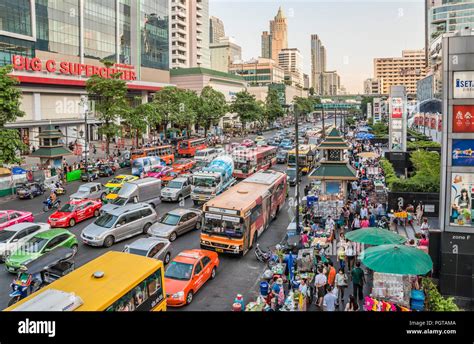 Streetscape with traffic jam in the city centre of Bangkok, Thailand ...