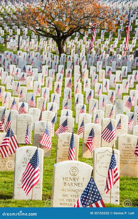 Headstones with American Flags in War Veterans Cemetery Editorial ...