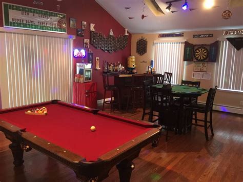 Complete man cave with pool table, bar, poker table and darts. | Game room, Pool table, Billiard ...