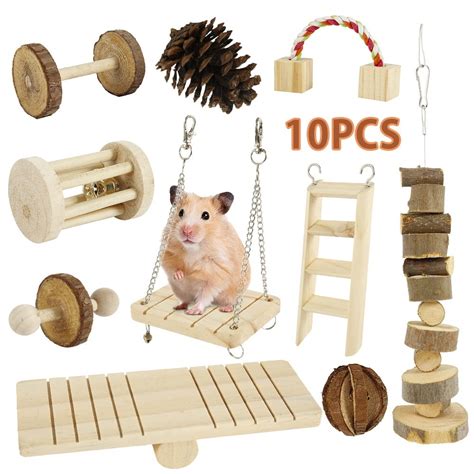 10pcs Pet Chew Toys Hamster Mouse Guinea Pigs Rat Rabbit Wooden Unicycle Dumbells Bell Roller ...