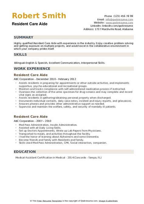 Resident Care Aide Resume Samples | QwikResume