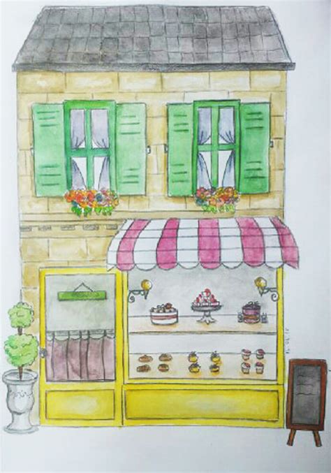 a bakery shop, another watercolor building drawing | Cottage drawing ...