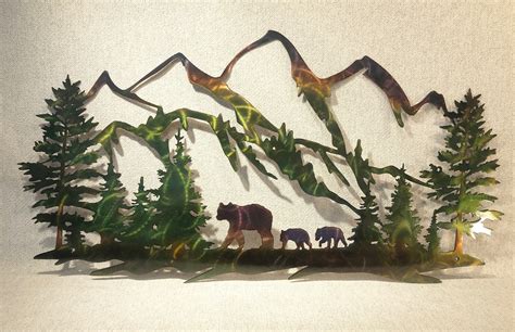 Bear And Cubs With Mountains Indoor & Outdoor Metal Wildlife Wall Art