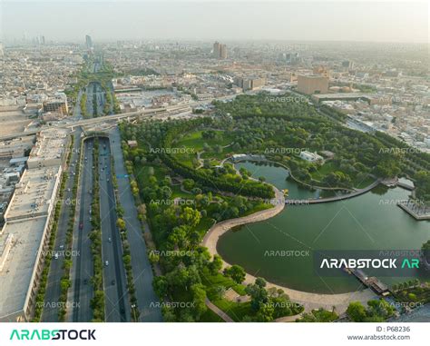 Aerial photo from above of Peace Park Lake in Riyadh, Saudi Arabia, tourist attractions in ...