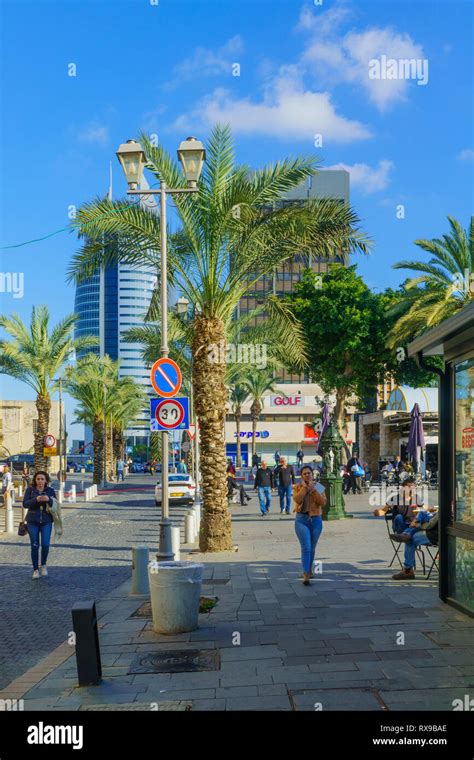 Haifa, Israel - March 06, 2019: Scene of Paris Square, with local businesses, locals and ...