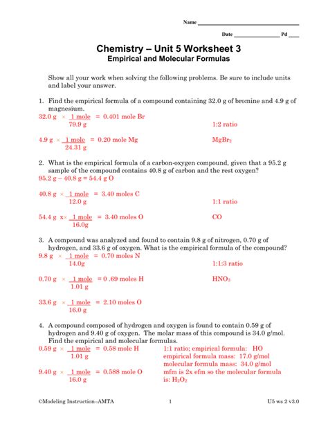 Empirical And Molecular Formula Worksheet Answer Key — db-excel.com