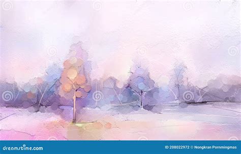 Abstract Oil Painting Winter Forest Landscape. Semi Abstract Image of Tree, Field, Meadow Stock ...