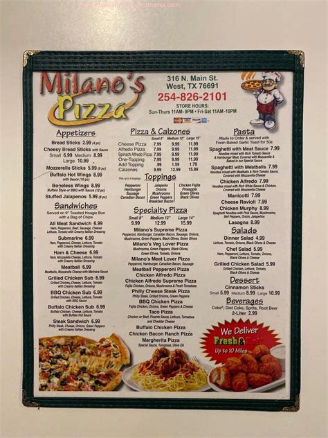 Menu at Milano's Pizza pizzeria, West