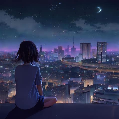 Premium Photo | Cute Anime woman looking at the cityscape by night time A sad moody Manga lofi ...