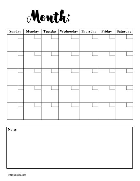 Printable Blank Monthly Calendar Template