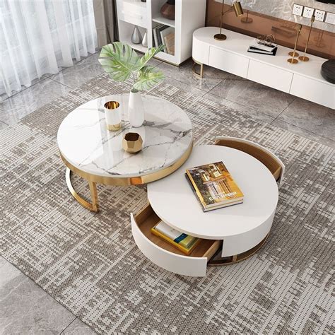 Nesnesis Modern Round Sintered Stone Nesting Wood Coffee Table with ...